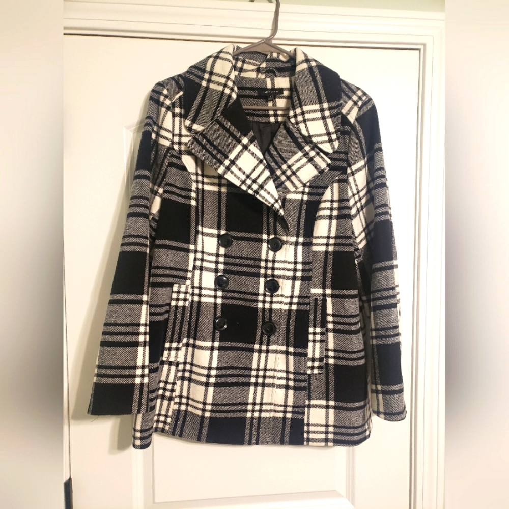 Women's Black & White Plaid Double-Breasted Peacoat
